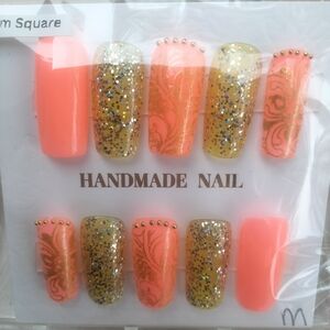 Handmade Coral & Gold Glitter Press-On Nail Set